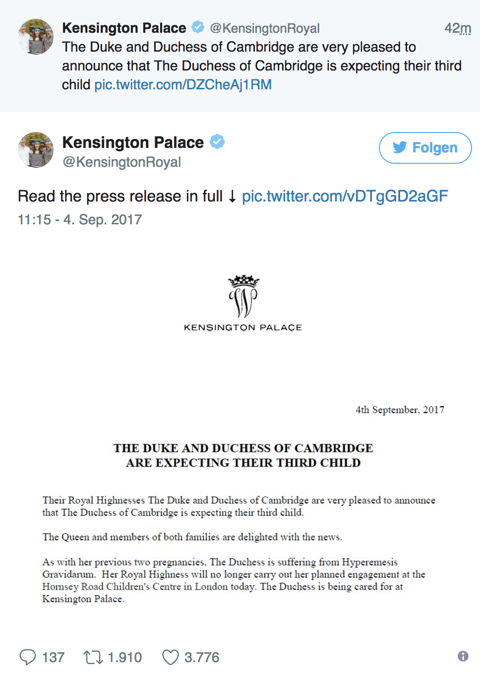 Der Kensington Palast gab in einem Twitter-Statement bekannt, dass Herzogin Kate ihr drittes Kind erwartet.